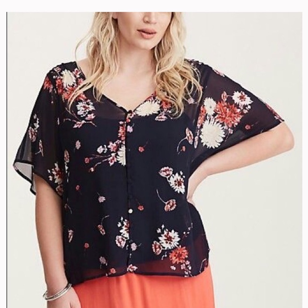 Torrid Semi Sheer Blue Floral Button down top blouse women’s size 0 (L/12)